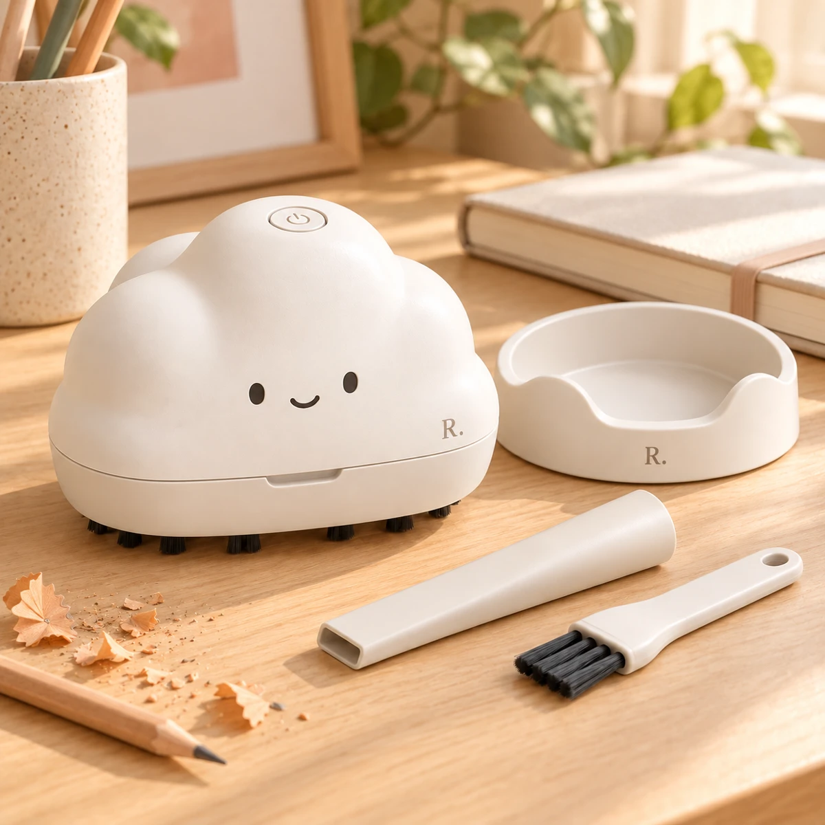 A Radyncey mini vacuum beside a notebook and creative desk essentials